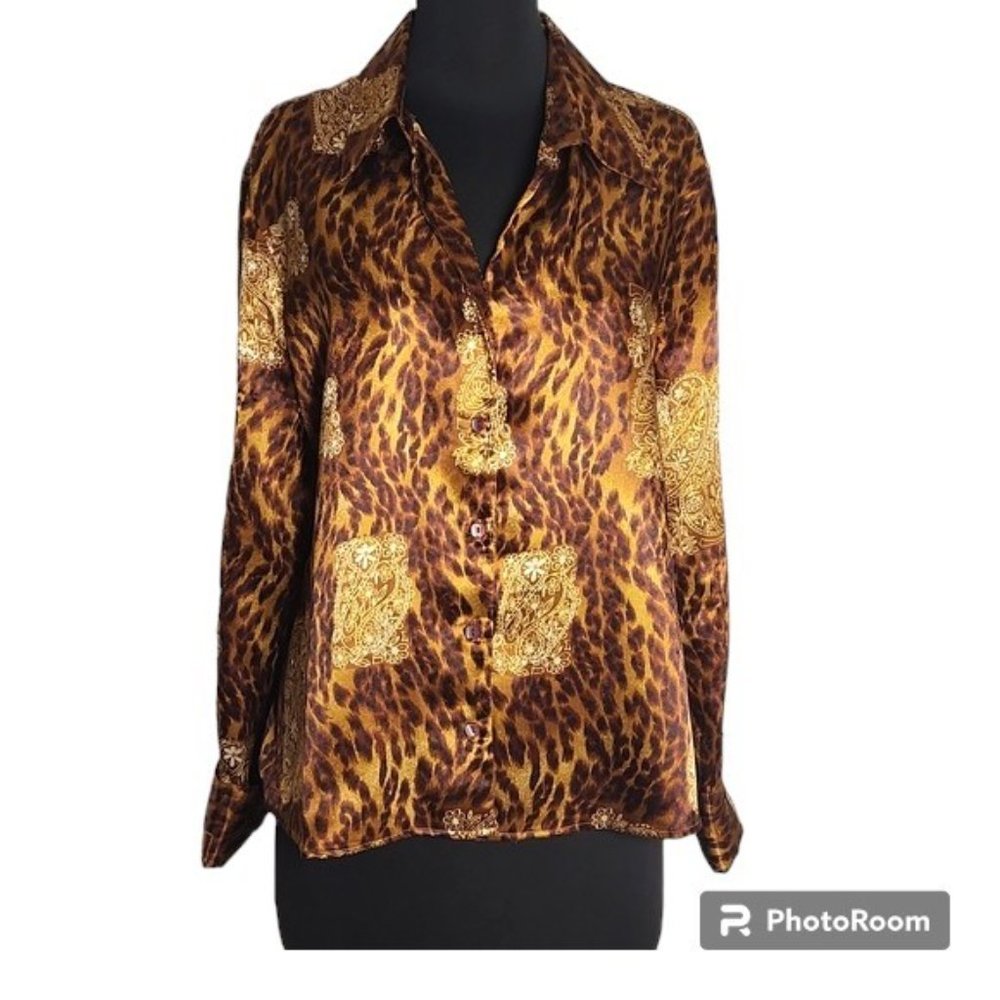 Vintage Jennifer Lloyd Satin Animal Print/Paisley Button Down Blouse - Size XL